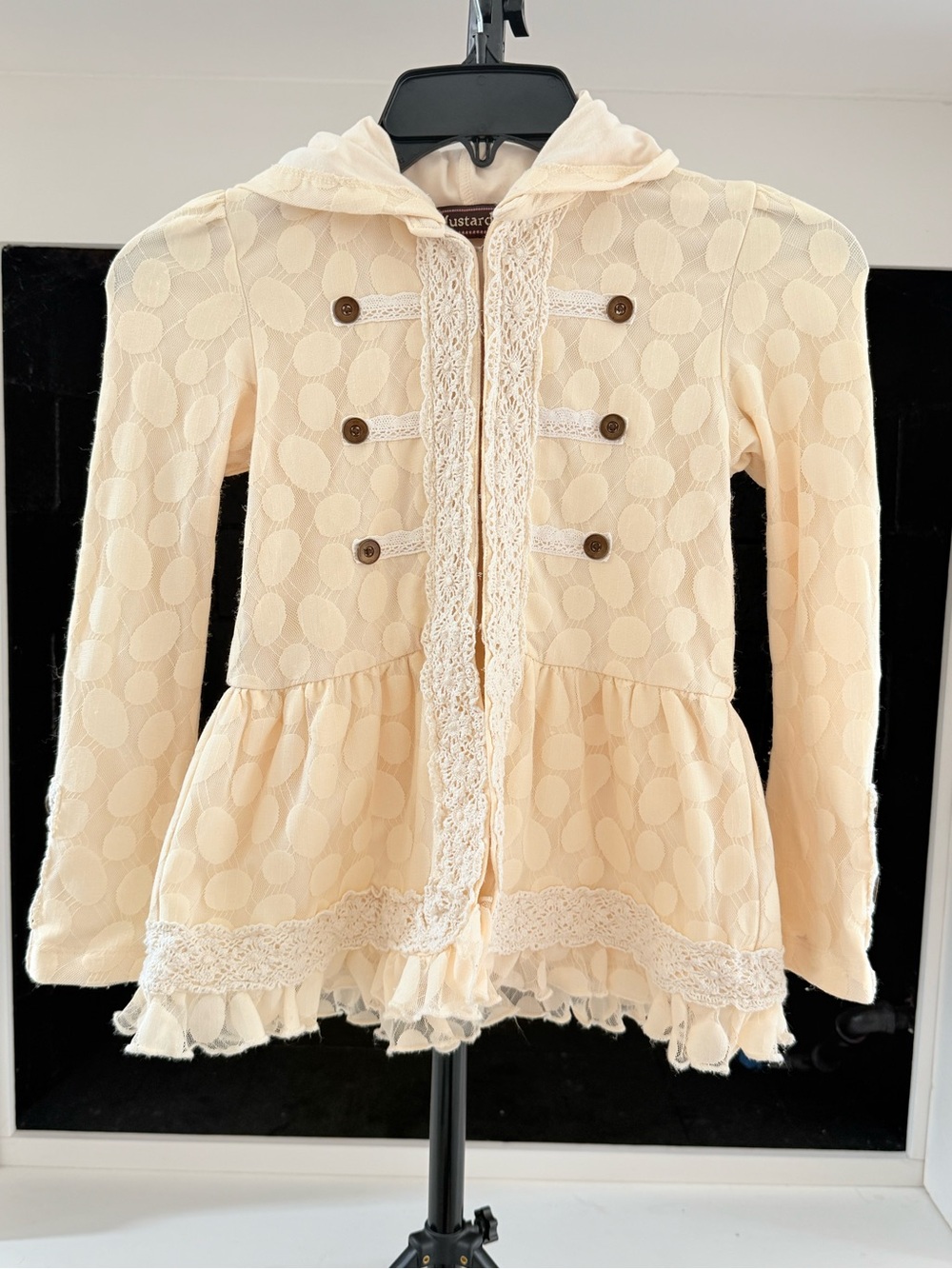 Mustard Pie Cream Lace Hooded Peplum Jacket